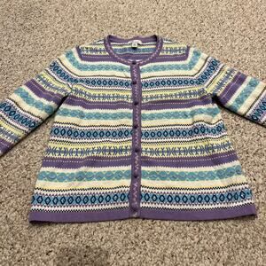 The TOG Shop Fair Isle Cardigan Sweater Sz M Petite Blue Purple Nordic Holiday